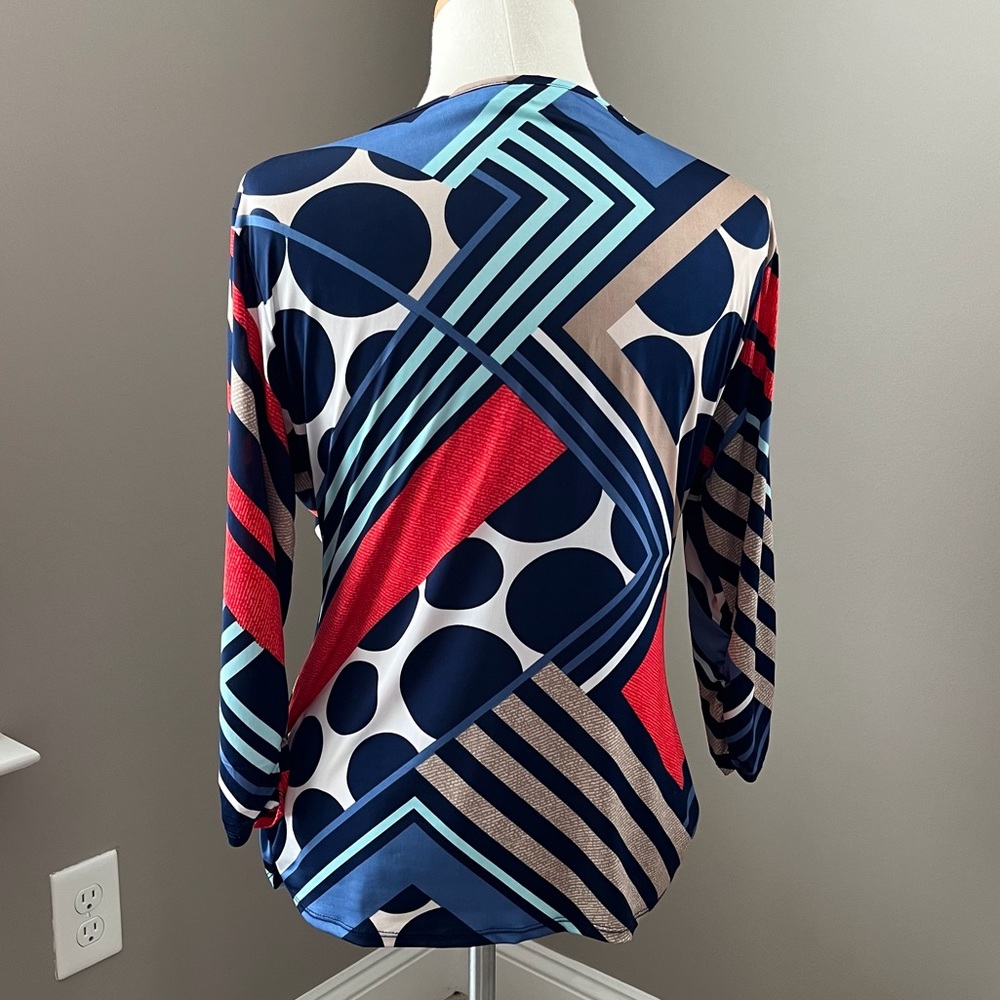Style & Co. Petite Top Shirt Mixed Print Multi Color Braided Ruched Abst… - Picture 4 of 13